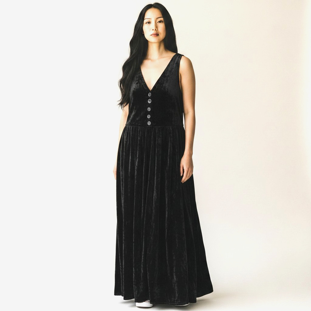 Vintage Coldwater Creek Black Crushed Velvet Button Front Dress Large Boho Maxi - Picture 1 of 12